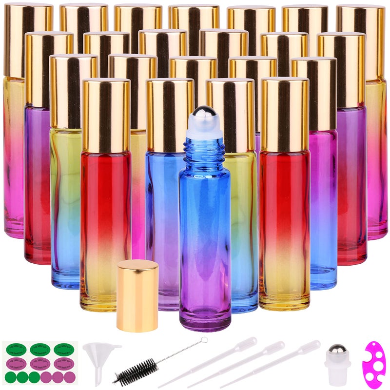 inice 24 10ml Essential Oils Roller Bottles Gradient Color Thick Glass Roll on Bottle Golden Metal Cap for Travel - Image 1
